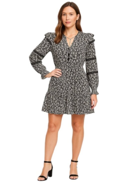 The Drop Dresses & Skirts - The Drop Large White Black Floral Print Mini Dress 100% Viscose Peplum Hem BOHO